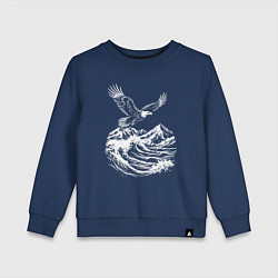 Свитшот хлопковый детский Орёл над вершинами и волнами, цвет: тёмно-синий