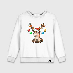 Свитшот хлопковый детский Лошадь в шапке Санта-Клауса и рогами оленя, цвет: белый