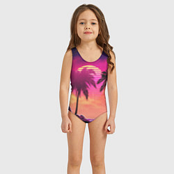 Купальник для девочки Пальмы и пляж в розовом закате ретро дизайн, цвет: 3D-принт — фото 2