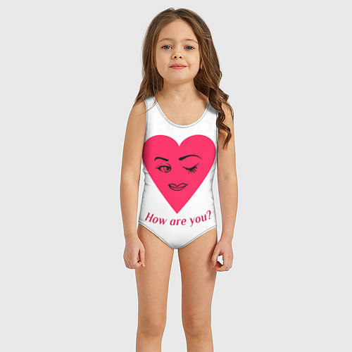 Детский купальник Красное сердце с улыбкой девушки и приветствием / 3D-принт – фото 3