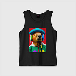 Майка детская хлопок Капибара в наушниках и шляпе - нейросеть, цвет: черный