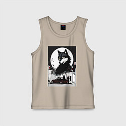 Майка детская хлопок Волк в ночном городе - нейросеть, цвет: миндальный