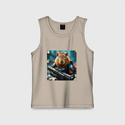 Майка детская хлопок Мем вооруженная капибара и автомат, цвет: миндальный