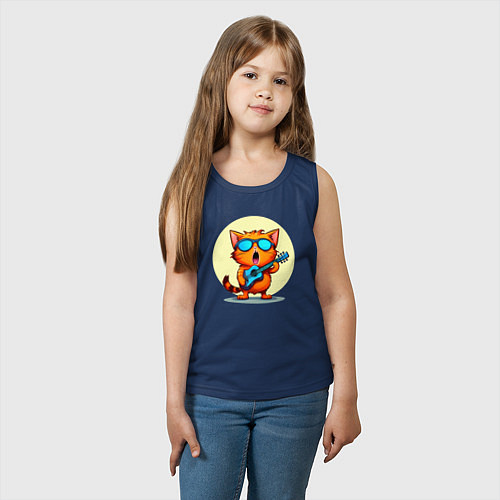 Детская майка Рыжий кот с гитарой поет песню / Тёмно-синий – фото 3