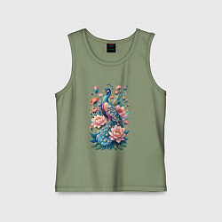 Майка детская хлопок Павлин среди цветов, цвет: авокадо