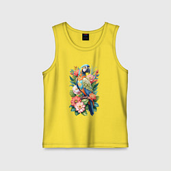 Майка детская хлопок Голубой попугай Ара среди цветов, цвет: желтый