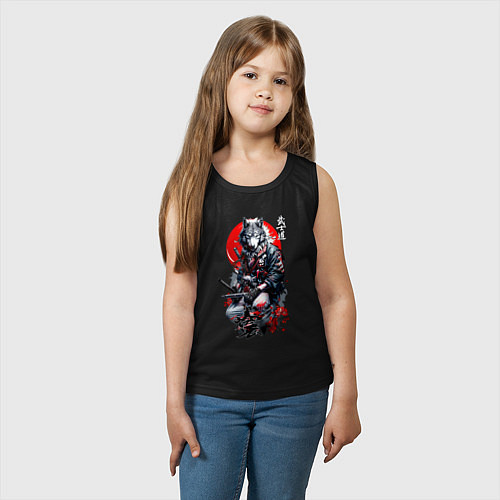 Детская майка Волк самурай - гравюра / Черный – фото 3