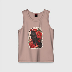 Майка детская хлопок Чёрный волк и красные цветы, цвет: пыльно-розовый