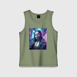 Майка детская хлопок Мона Лиза в кожаной косухе - киберпанк, цвет: авокадо