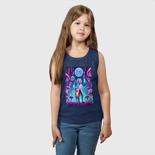 Детская майка Rick and Morty among neon mushrooms - ai art fanta / Тёмно-синий – фото 3