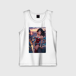 Майка детская хлопок Чудо-женщина с городским фоном в стиле комиксов, цвет: белый