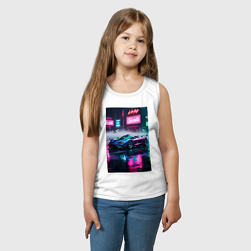 Детская майка Суперкар возле неоновой вывески в стиле киберпанк / Белый – фото 3