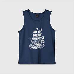 Майка детская хлопок Пиратский бриг сокровища и попугаи, цвет: тёмно-синий