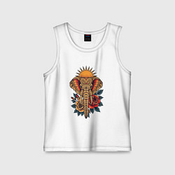 Майка детская хлопок Слон на фоне солнца с розами в стиле тату, цвет: белый