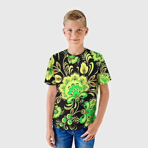 Детская футболка Хохлома: черный и салатовый / 3D-принт – фото 3
