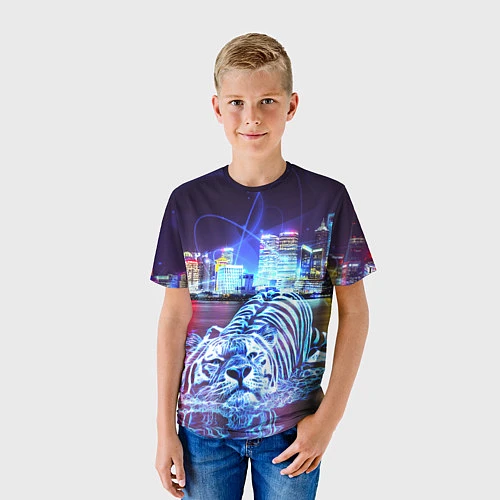 Детская футболка Плывущий неоновый тигр / 3D-принт – фото 3
