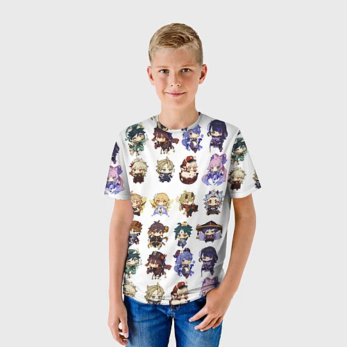 Детская футболка Все герои Геншин Импакта чиби паттерн / 3D-принт – фото 3