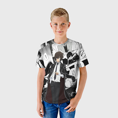Детская футболка Дазай Осаму на фоне манги / 3D-принт – фото 3