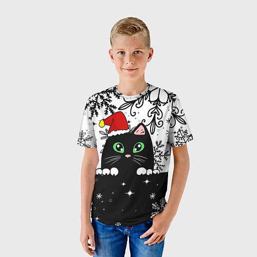 Детская футболка Новогодний кот в колпаке Санты / 3D-принт – фото 3