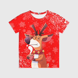 Футболка детская НОВОГОДНИЙ ОЛЕНЬ И ЧАШКА КОФЕ, цвет: 3D-принт