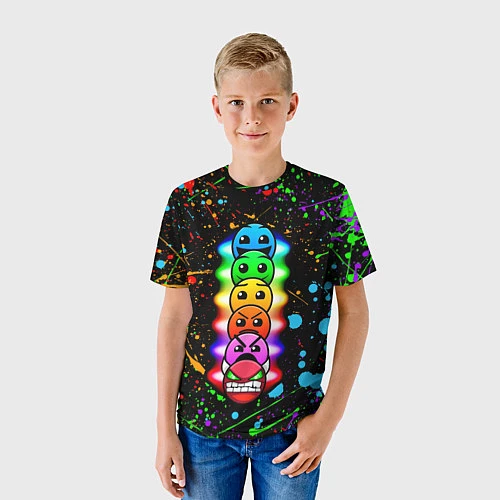 Детская футболка GEOMETRY DASH LEVELS, БРЫЗГИ КРАСОК / 3D-принт – фото 3