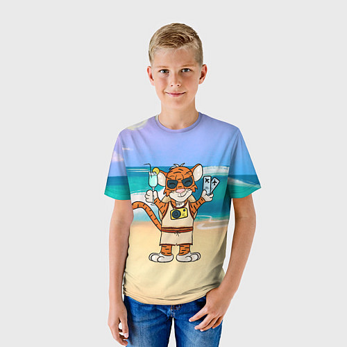 Детская футболка Тигр в отпуске на новый год на море / 3D-принт – фото 3