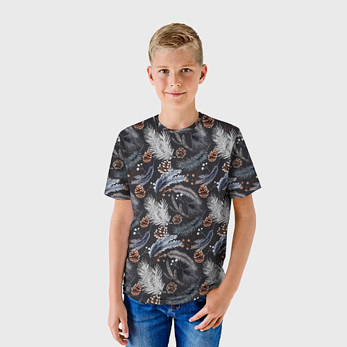 Детская футболка Узор из еловых веток и шишек Акварельный рисунок / 3D-принт – фото 3