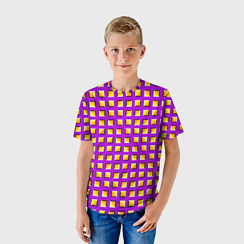 Детская футболка Фиолетовый Фон с Желтыми Квадратами Иллюзия Движен / 3D-принт – фото 3