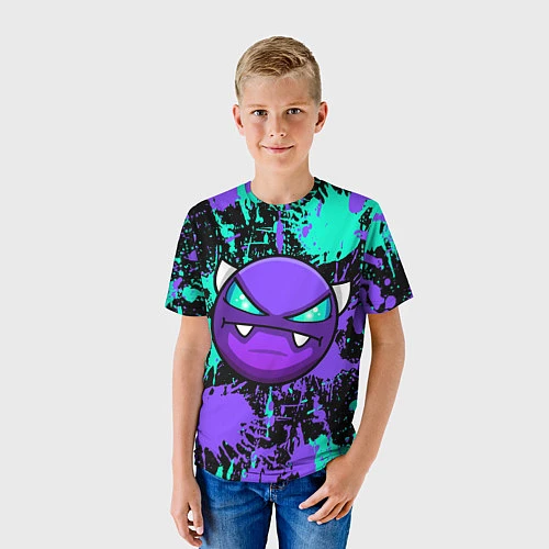 Детская футболка GEOMETRY DASH NEON DEMON LEVELS, НЕОНОВЫЕ БРЫЗГИ К / 3D-принт – фото 3