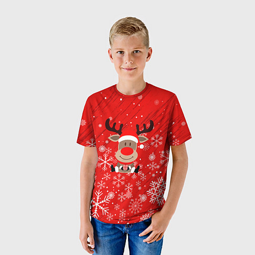 Детская футболка Снежинки летящие и Олень с подарком / 3D-принт – фото 3