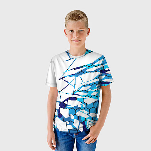 Детская футболка 3D ВЗРЫВ ПЛИТ Белые и синие осколки / 3D-принт – фото 3