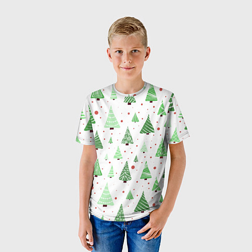 Детская футболка Много разных зелёных ёлочек на белом фоне плюс кра / 3D-принт – фото 3