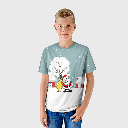 Детская футболка Деревенский Новый Год Дед Мороз и Олень / 3D-принт – фото 3