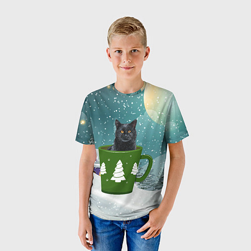 Детская футболка Черный кот в кружке / 3D-принт – фото 3