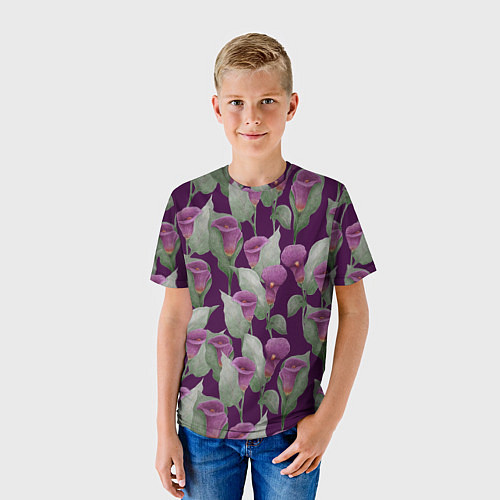 Детская футболка Фиолетовые каллы на темно фиолетовом фоне / 3D-принт – фото 3