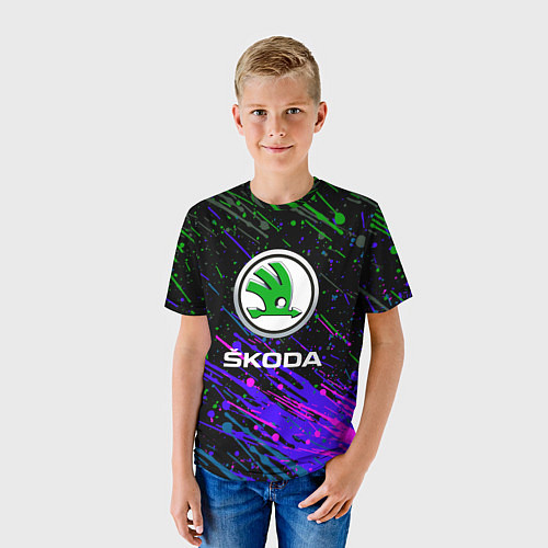 Детская футболка Skoda разноцветные брызги / 3D-принт – фото 3