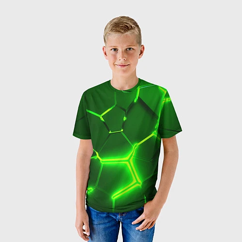 Детская футболка 3D ПЛИТЫ НЕОН NEON GREEN HEXAGON РАЗЛОМ / 3D-принт – фото 3