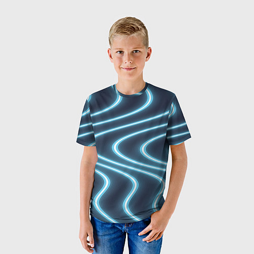 Детская футболка Неоновый свет Волны голубые на темном фоне / 3D-принт – фото 3