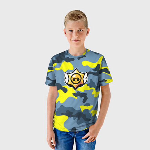 Детская футболка Brawl Stars Череп Камуфляж Жёлто-Голубой / 3D-принт – фото 3