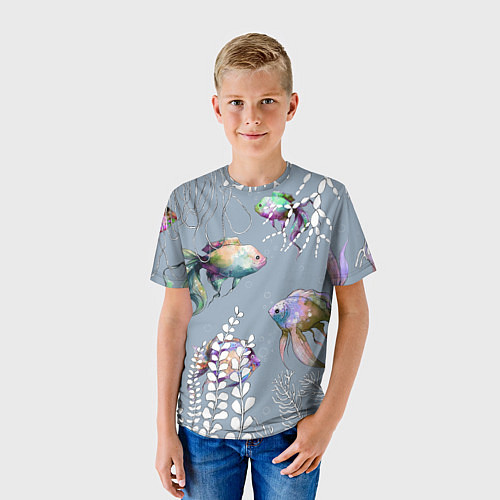 Детская футболка Разноцветные акварельные рыбки и белые водоросли / 3D-принт – фото 3