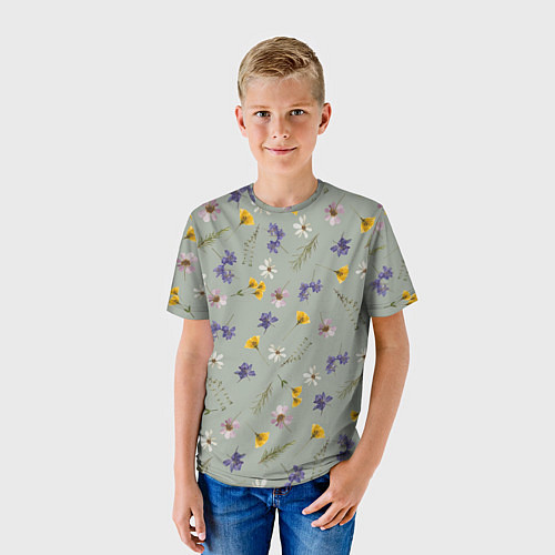 Детская футболка Простой цветочный принт на зеленом фоне / 3D-принт – фото 3