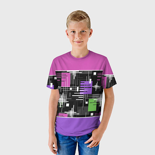 Детская футболка Розово-фиолетовый геометрические фигуры и полосы / 3D-принт – фото 3