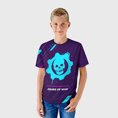 Детская футболка Символ Gears of War в неоновых цветах на темном фо / 3D-принт – фото 3