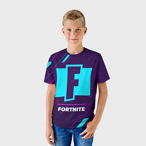 Детская футболка Символ Fortnite в неоновых цветах на темном фоне / 3D-принт – фото 3