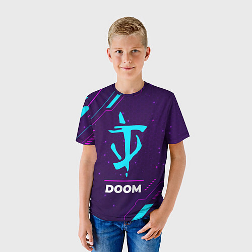 Детская футболка Символ Doom в неоновых цветах на темном фоне / 3D-принт – фото 3
