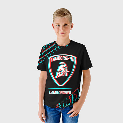 Детская футболка Значок Lamborghini в стиле Glitch на темном фоне / 3D-принт – фото 3