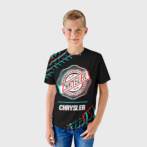 Детская футболка Значок Chrysler в стиле Glitch на темном фоне / 3D-принт – фото 3