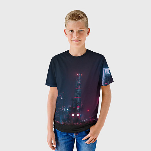 Детская футболка Неоновый ночной город - Тёмно-розовый / 3D-принт – фото 3