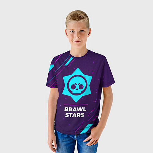 Детская футболка Символ Brawl Stars в неоновых цветах на темном фон / 3D-принт – фото 3