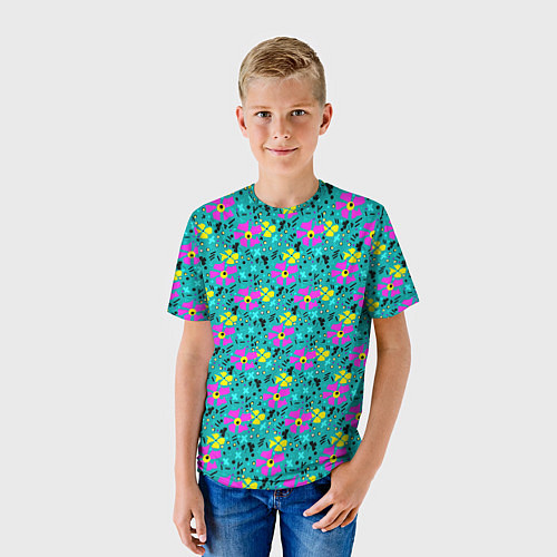Детская футболка Яркий цветочный узор на бирюзовом фоне / 3D-принт – фото 3